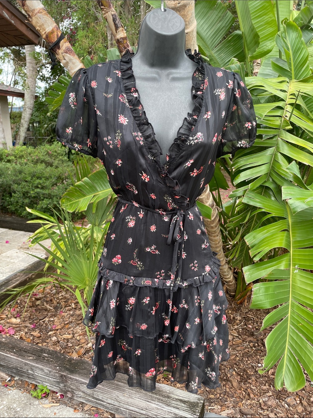 dark floral ruffled mini with silver lyrics thread